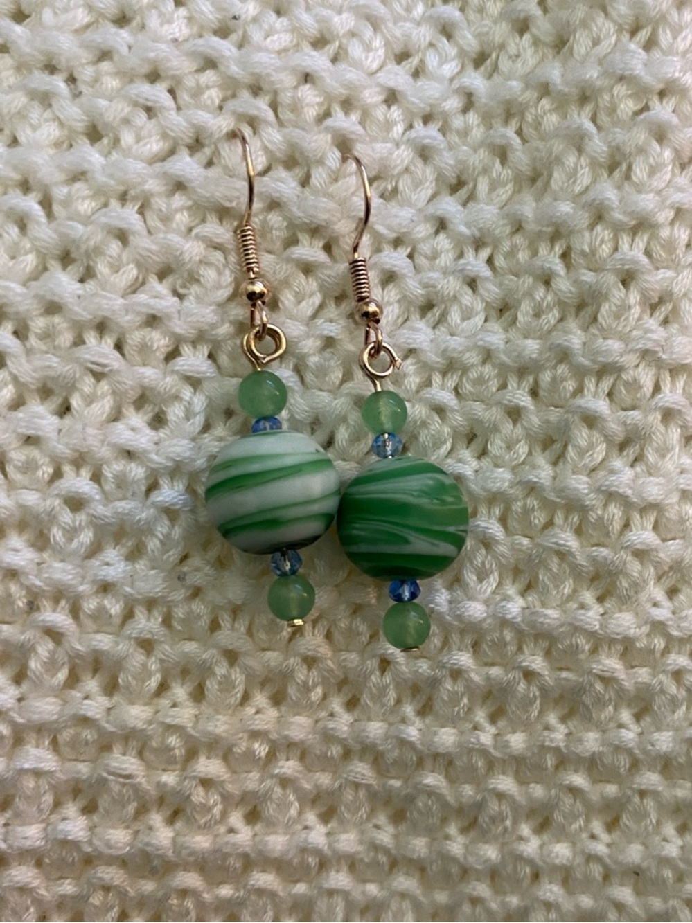Green Marbled Bead Drop Earrings with Gold-Tone Hooks